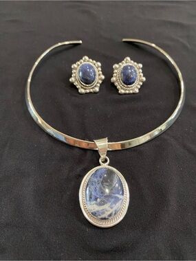 VINTAGE Sterling Silver Blue Sodalite Pendant Necklace and Earrings Set
